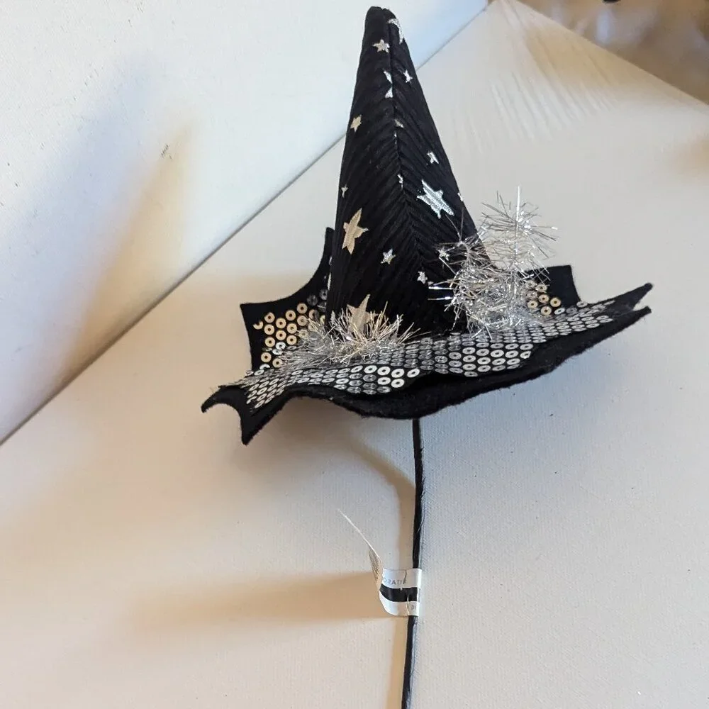 NWT Silver Stars Mini Witch Hat Floral Pick Sequins Ashland Halloween Decoration